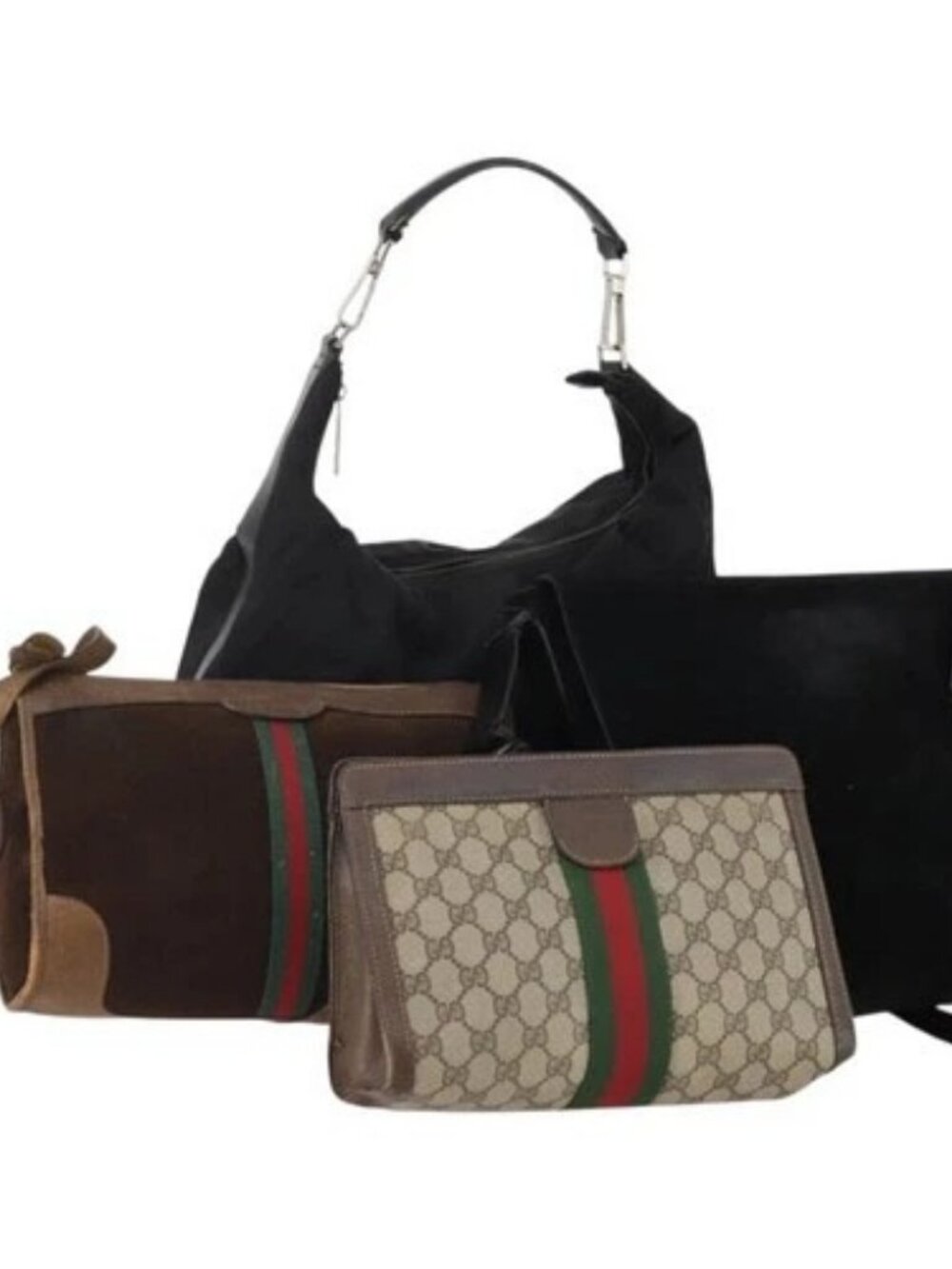 GUCCI GG Supreme Web Sherry Line Hand Bag Suede 4 Set Black Beige Auth 170524